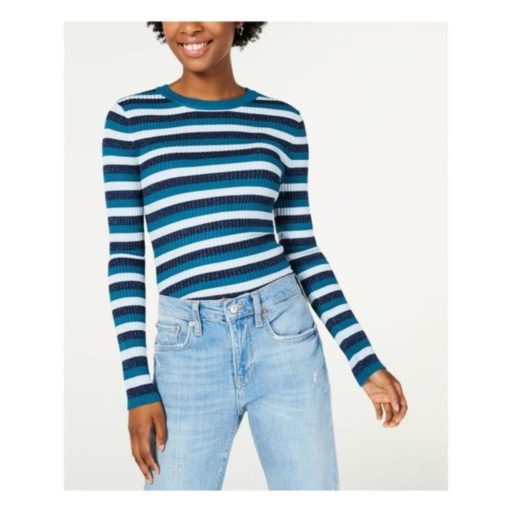 HOOKED UP Womens Teal Stretch Fitted Ribbed Knit Long Sleeve Sweater S